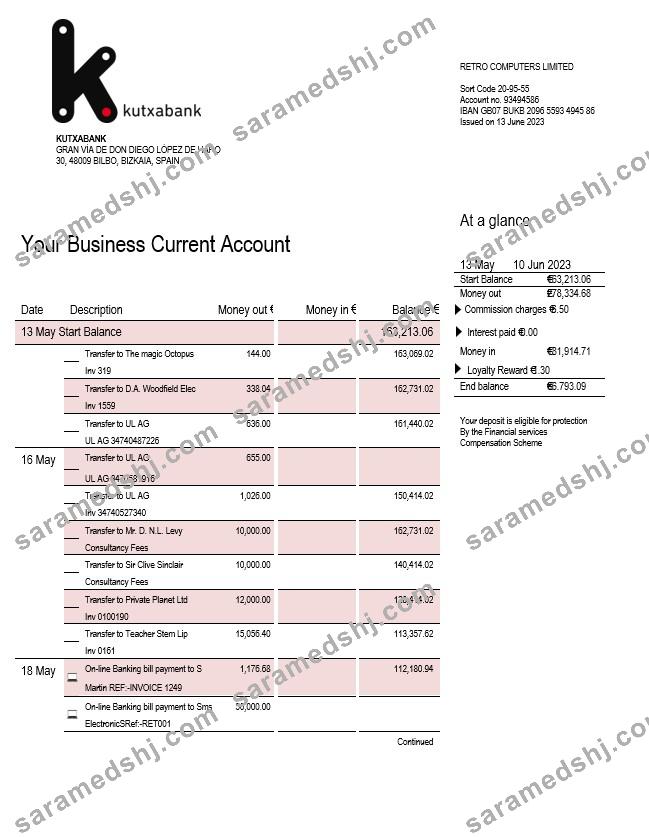 Kutxabank company account statement Word and PDF template